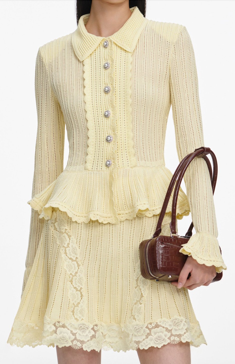 Dantel Şeritli Peplum Detaylı Uzun Kollu Sarı Triko Mini Elbise