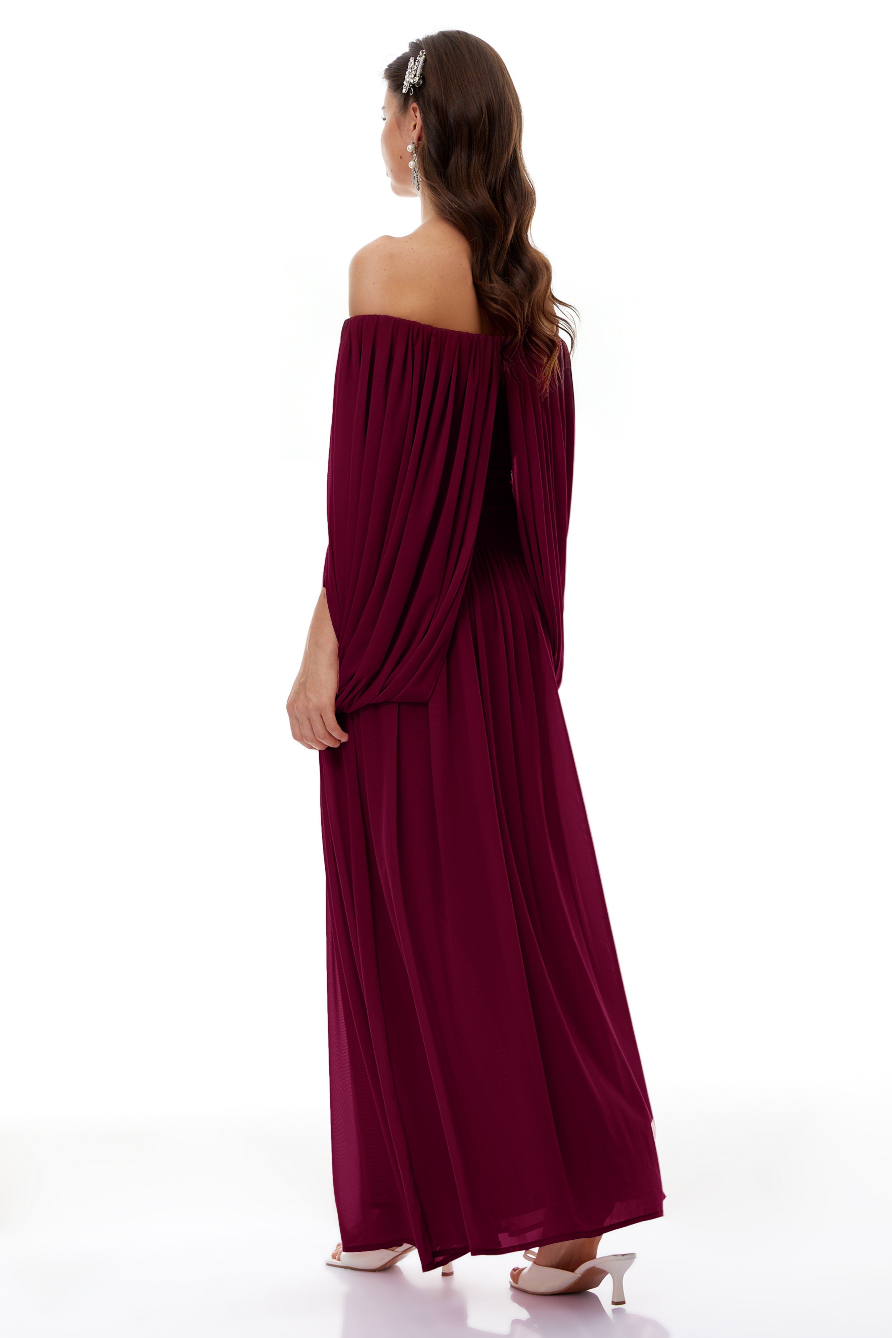 Drape Detaylı Bordo Pelerinli Uzun Elbise