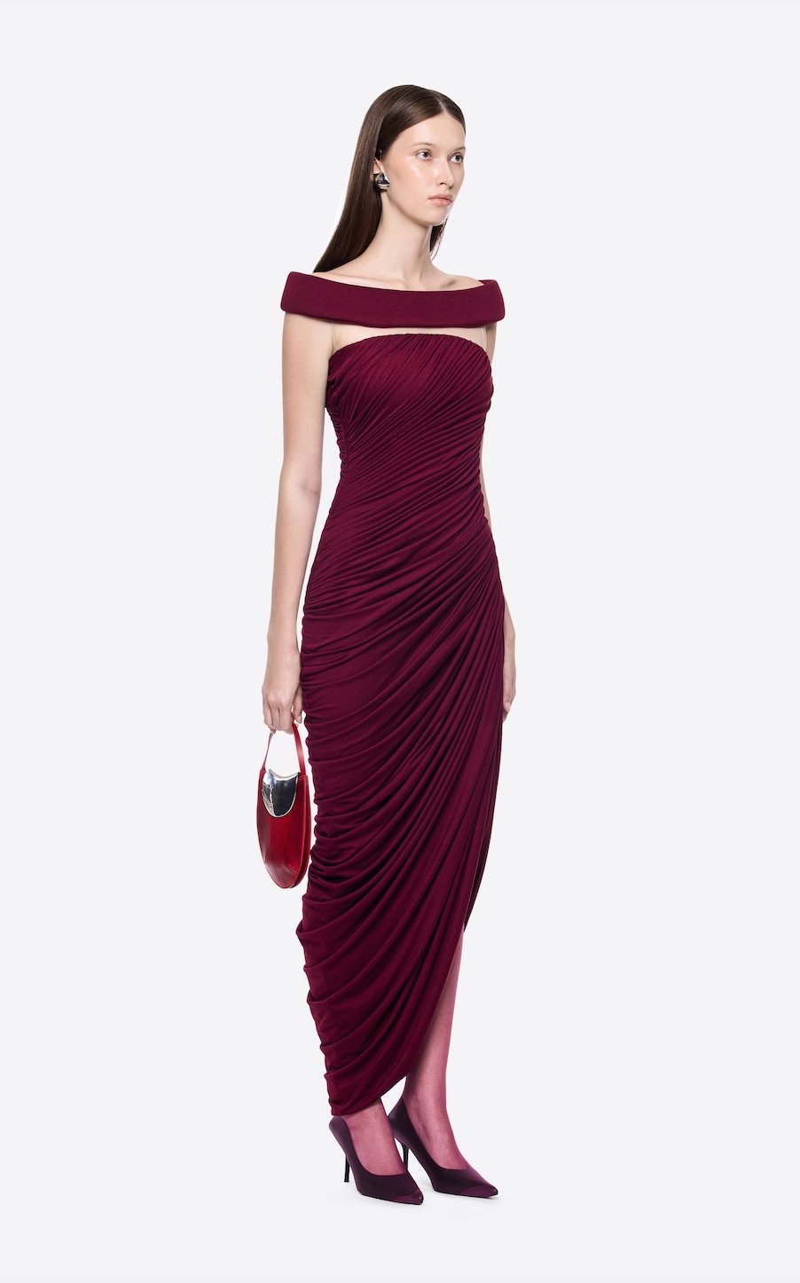 Drape Detaylı Omuzları Açık Bordo Midi Elbise