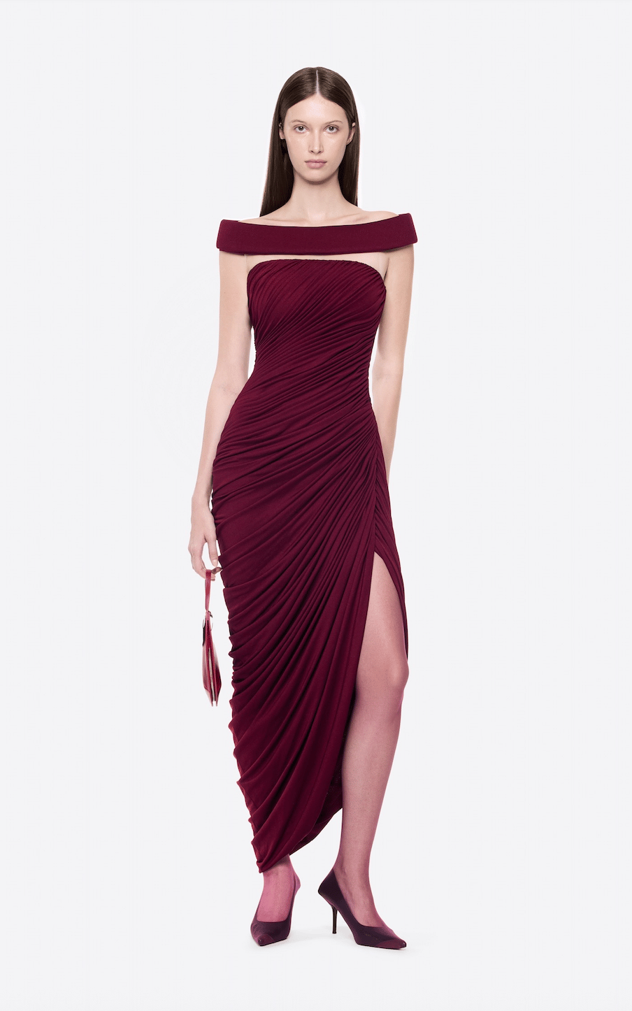 Drape Detaylı Omuzları Açık Bordo Midi Elbise