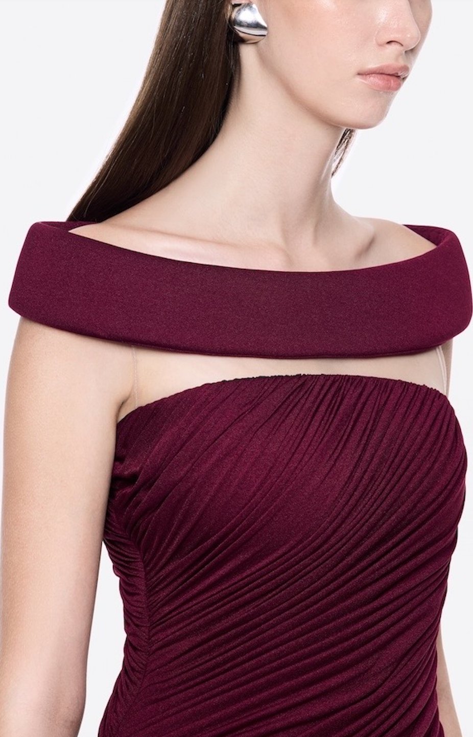 Drape Detaylı Omuzları Açık Bordo Midi Elbise