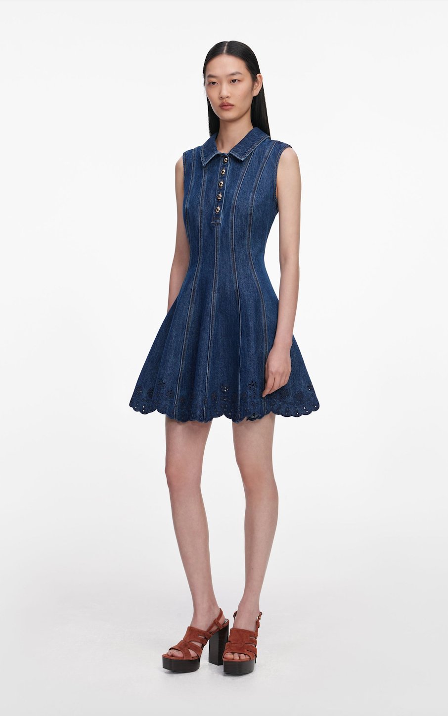 Gold Düğmeli Kolsuz Denim Mini Elbise