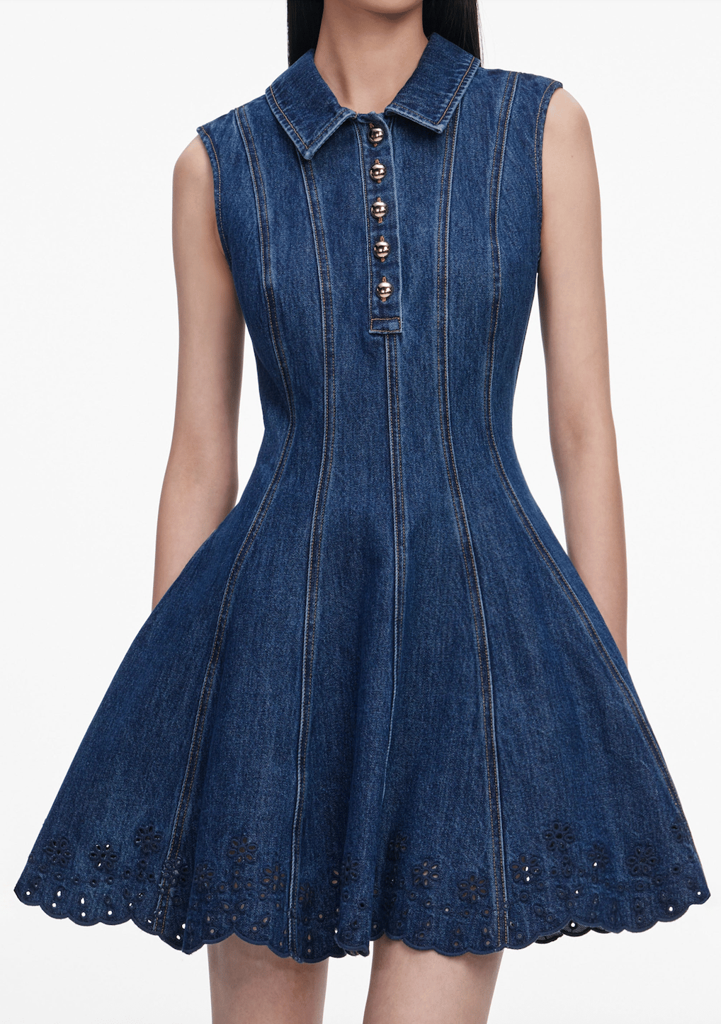 Gold Düğmeli Kolsuz Denim Mini Elbise