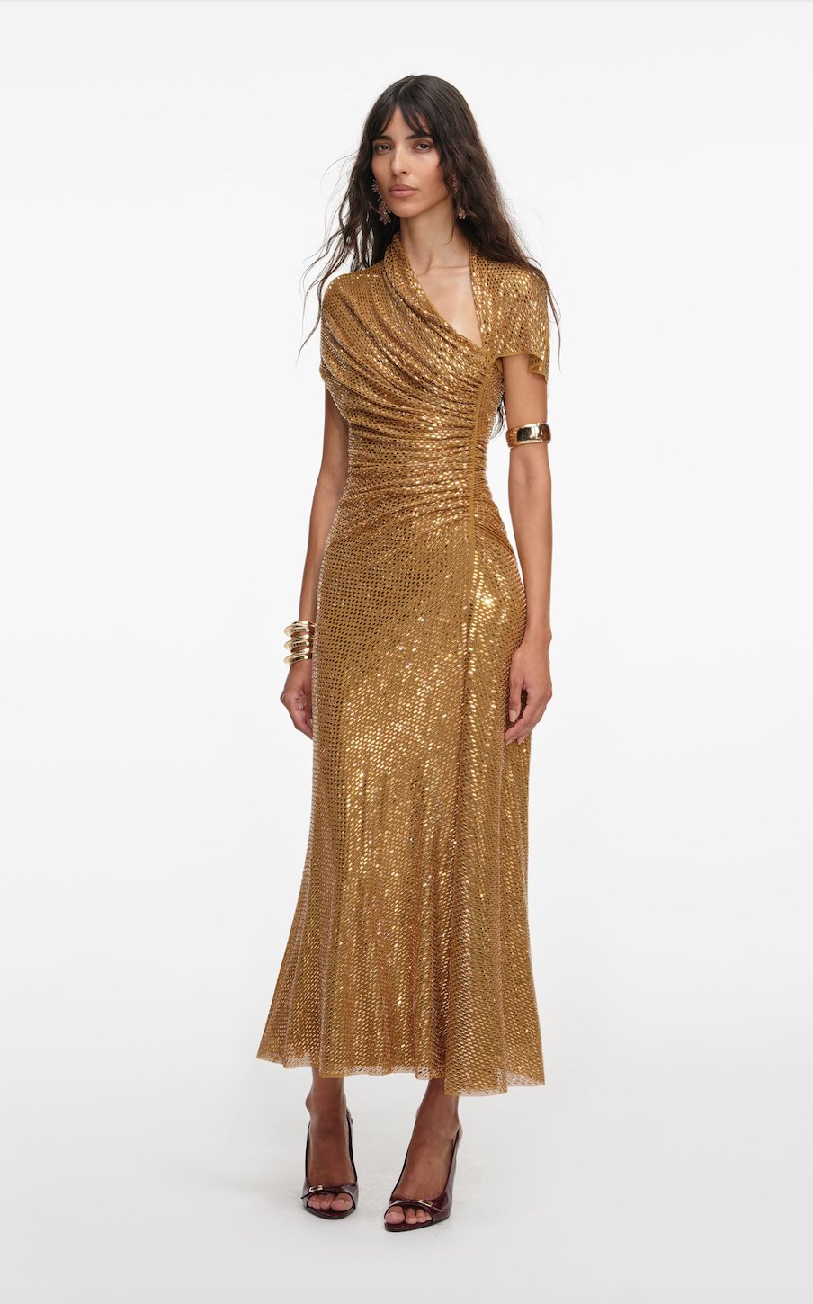 Gold Kristal Taşlı Drapeli Midi Elbise