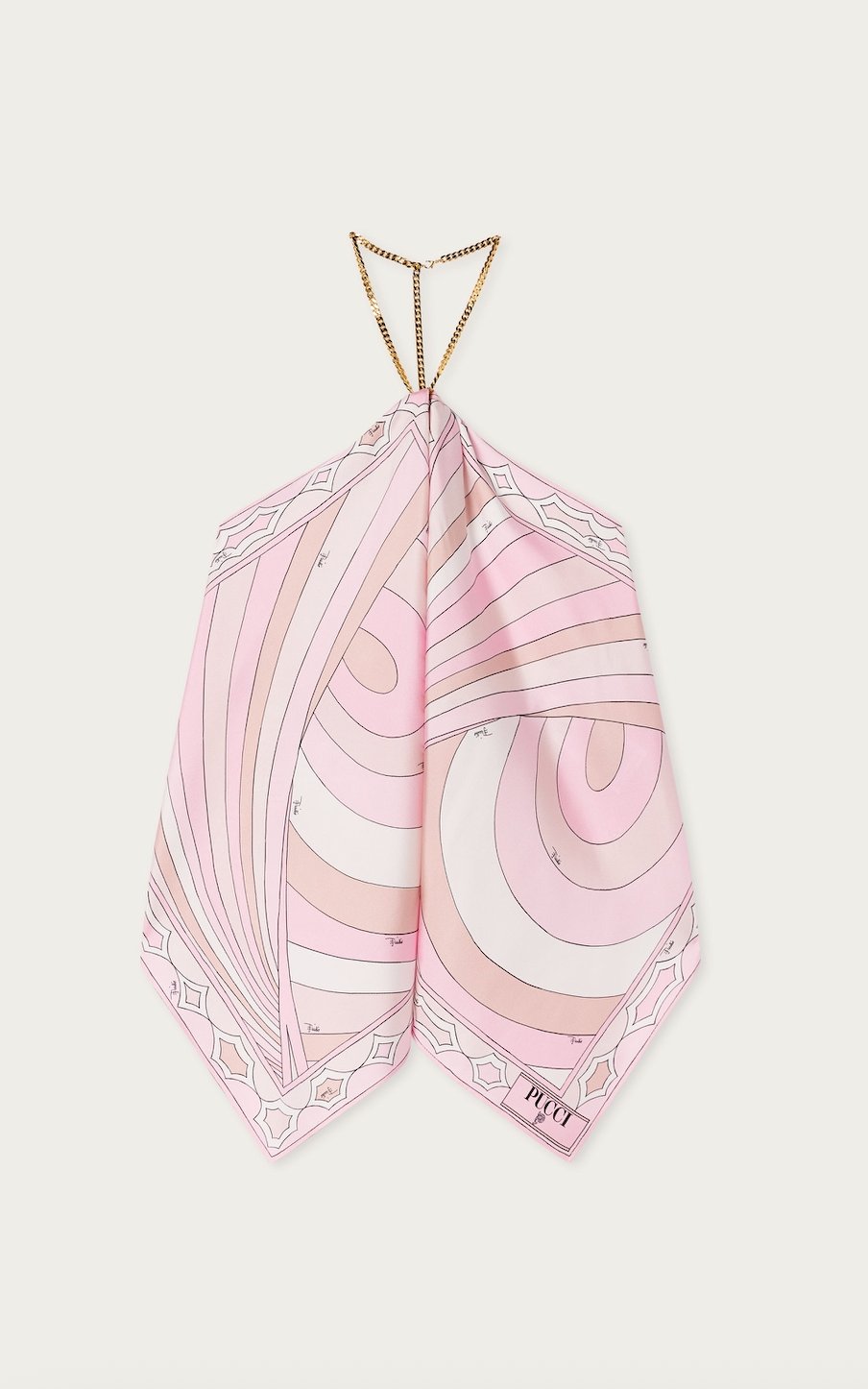 Pembe Boyundan Zincir Bağlamalı Desenli Sırt Dekolteli Bluz