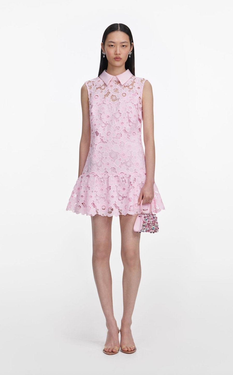 Pembe Dantelli Bebe Yaka Kolsuz Mini Elbise
