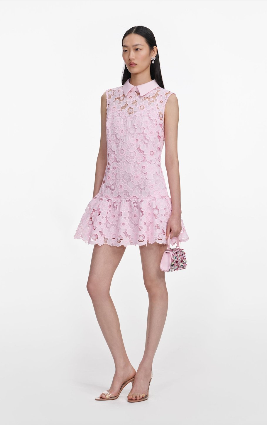 Pembe Dantelli Bebe Yaka Kolsuz Mini Elbise