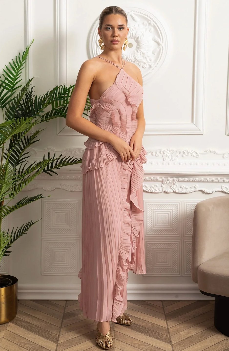 Pembe Piliseli Boyundan Bağlamalı Midi Elbise