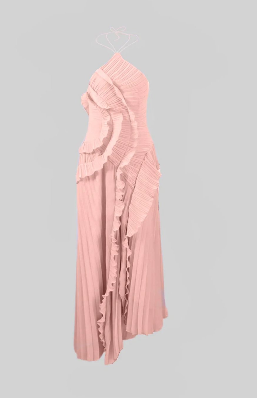 Pembe Piliseli Boyundan Bağlamalı Midi Elbise
