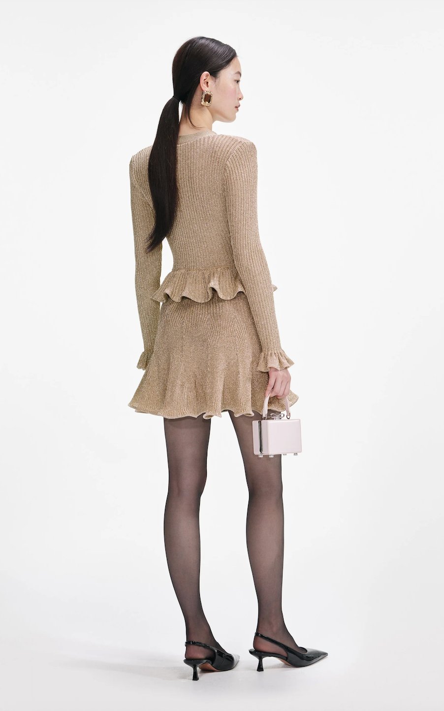 Peplum Detaylı Gold Düğmeli Triko Mini Elbise