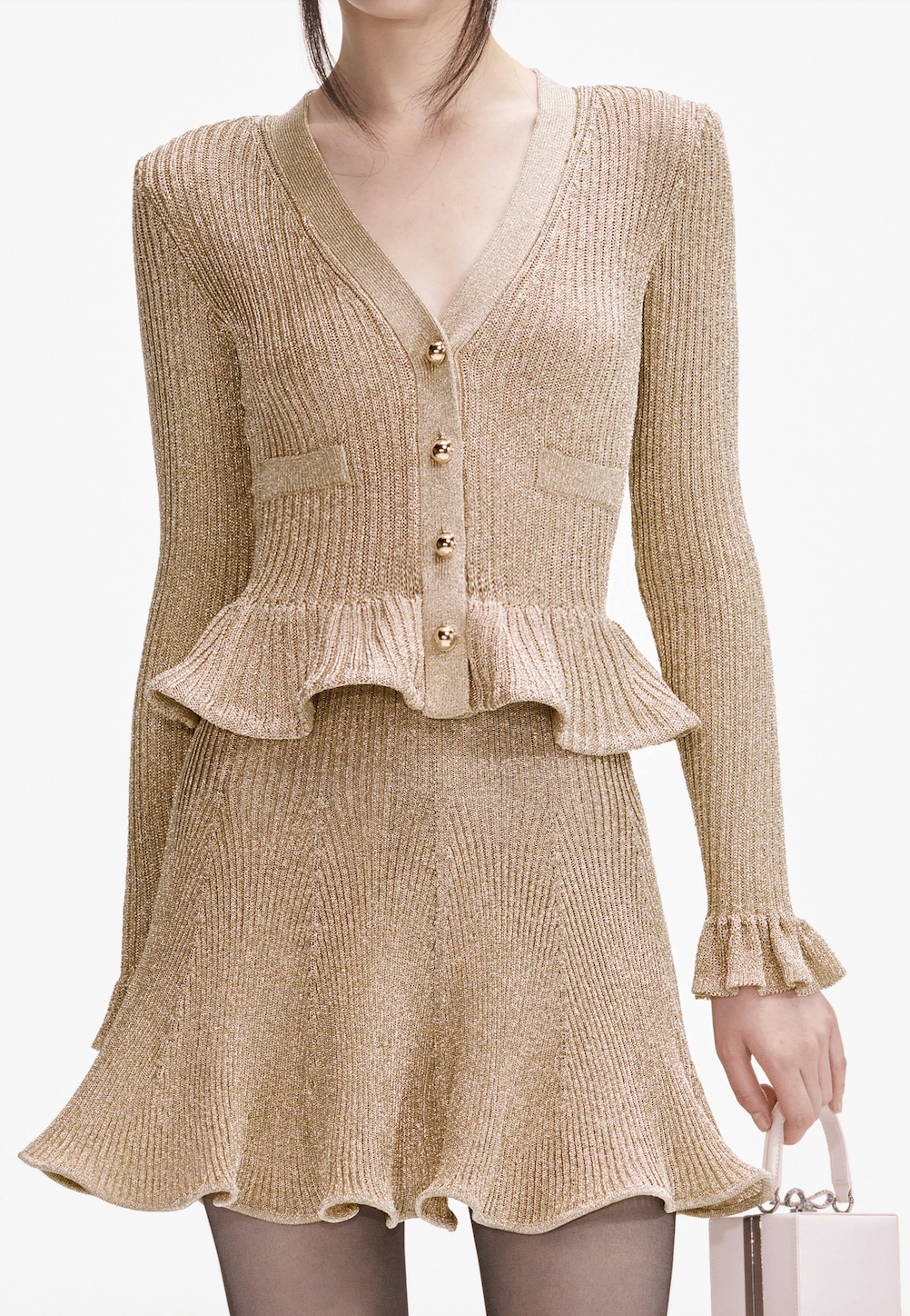 Peplum Detaylı Gold Düğmeli Triko Mini Elbise