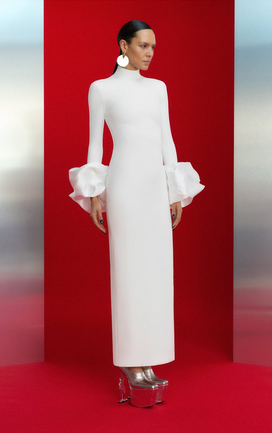 Premium Beyaz Kabarık Kollu Uzun Elbise