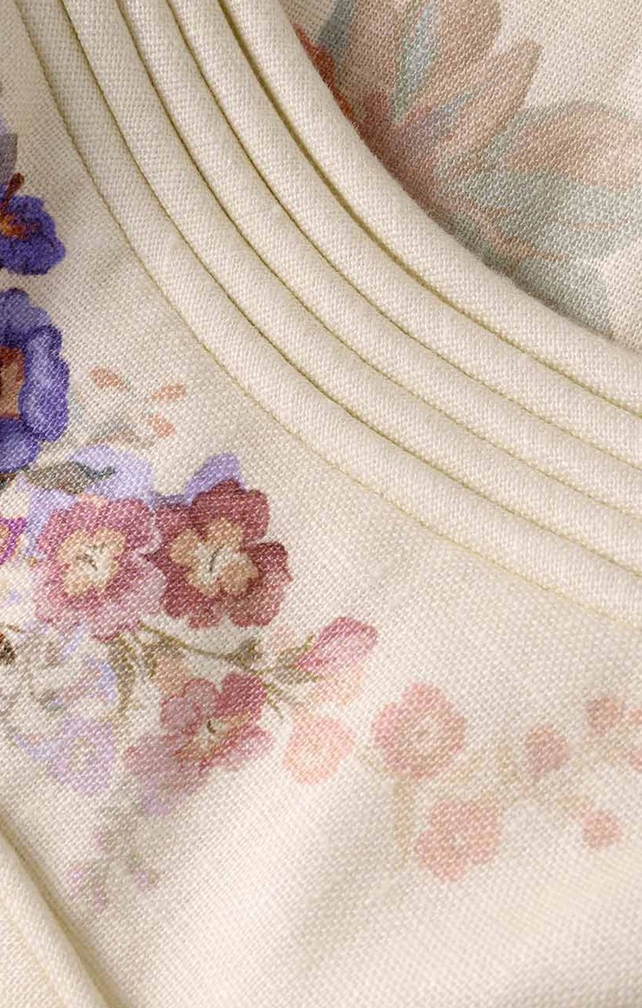 Premium Krem Renk Floral Desenli Keten Midi Elbise
