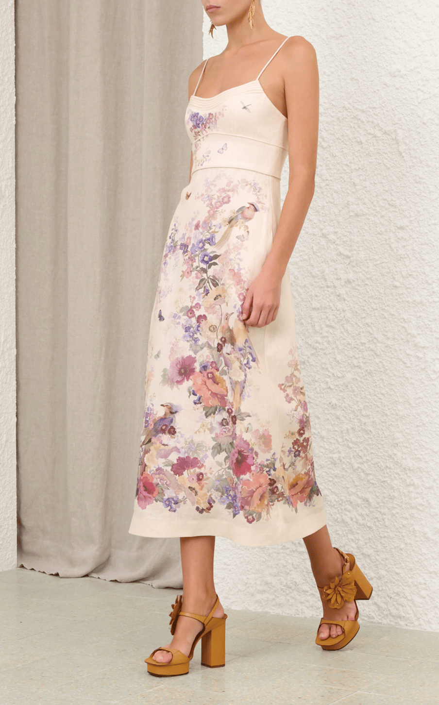 Premium Krem Renk Floral Desenli Keten Midi Elbise