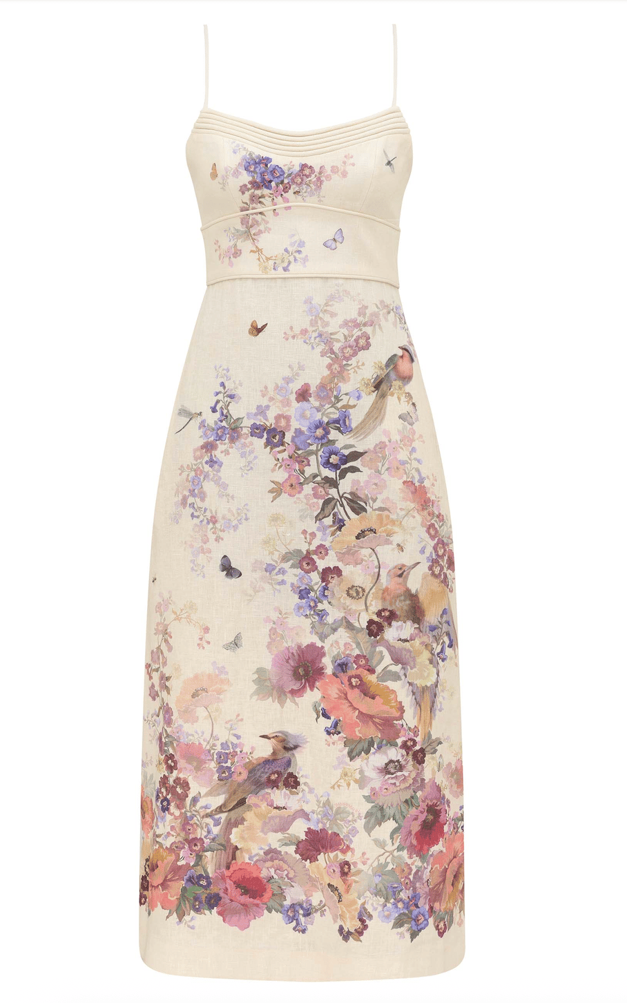 Premium Krem Renk Floral Desenli Keten Midi Elbise