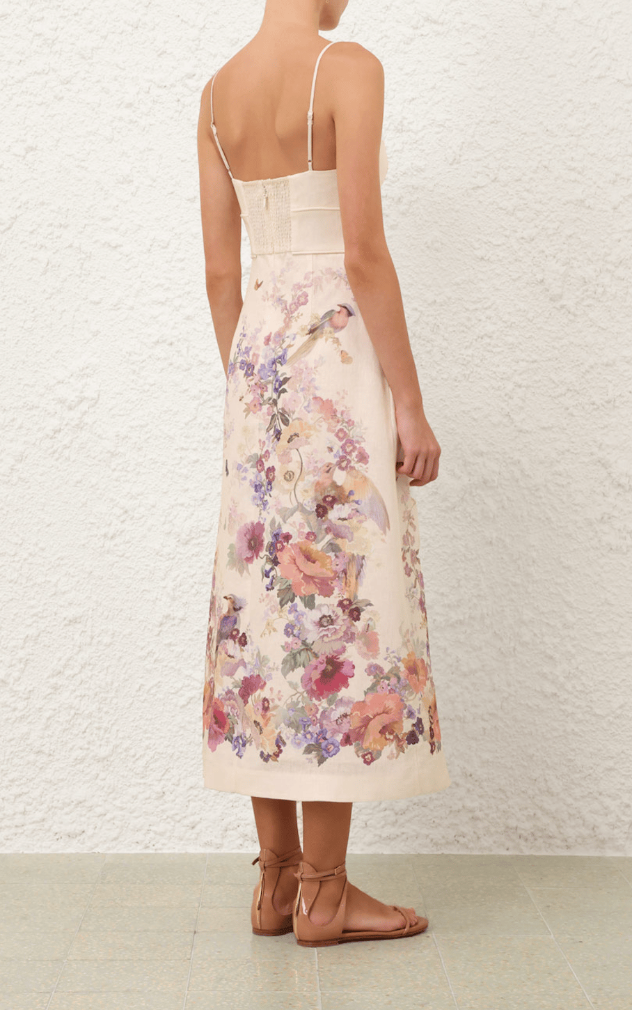 Premium Krem Renk Floral Desenli Keten Midi Elbise