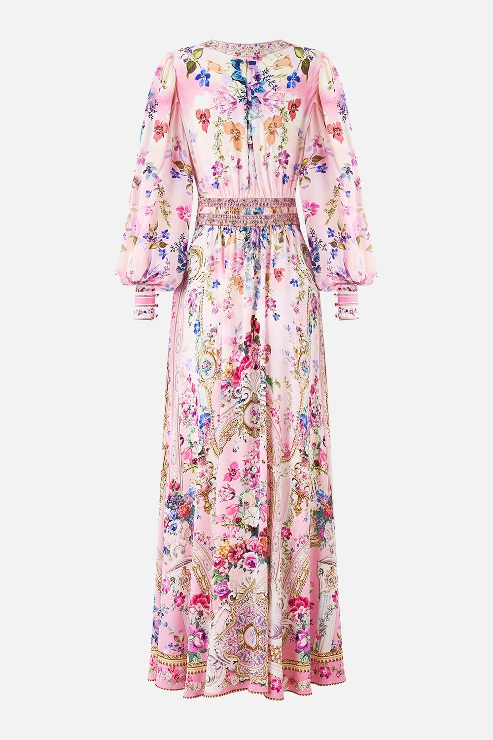 Premium Pembe Desenli Uzun Kollu V Yaka Midi Elbise