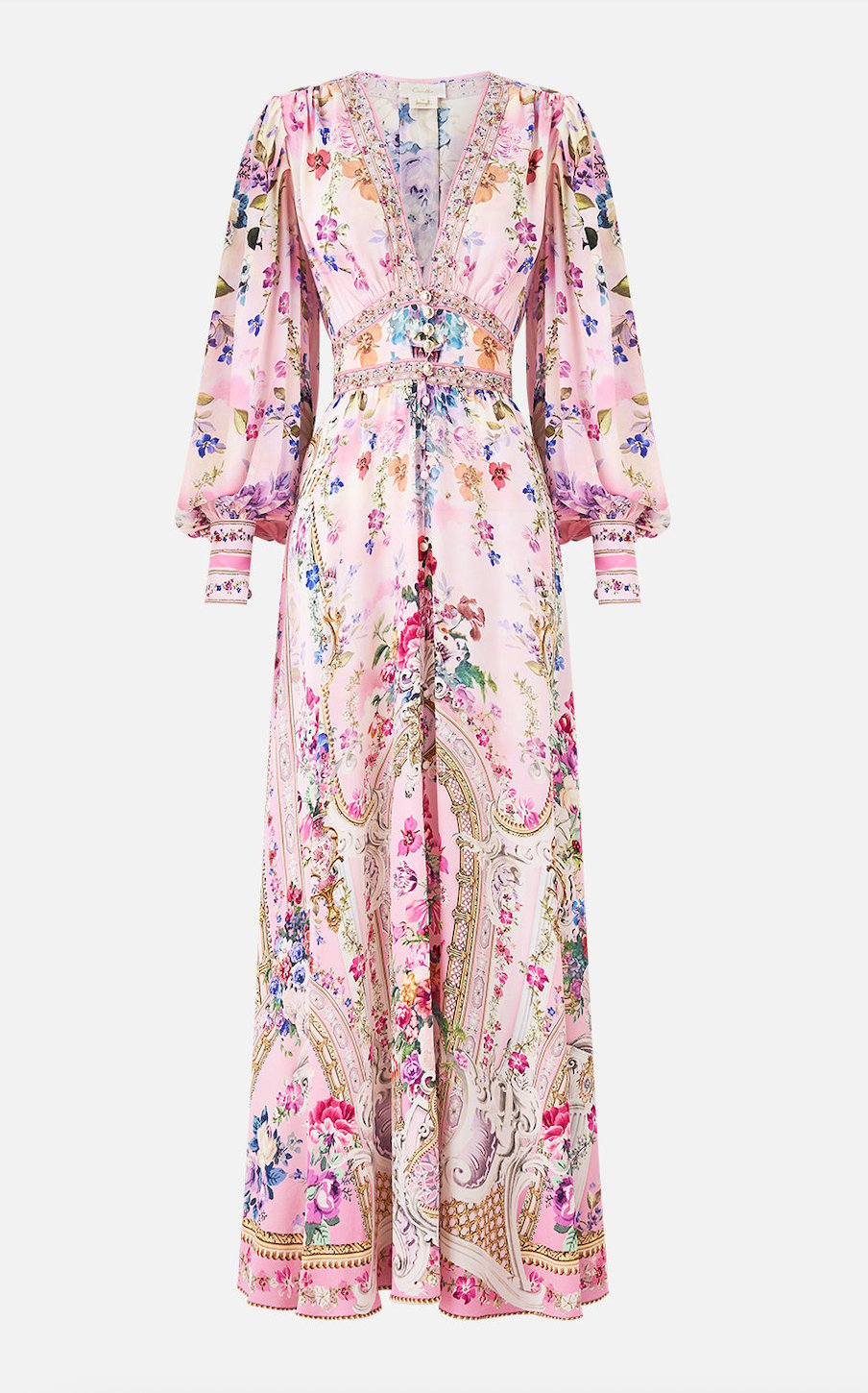 Premium Pembe Desenli Uzun Kollu V Yaka Midi Elbise