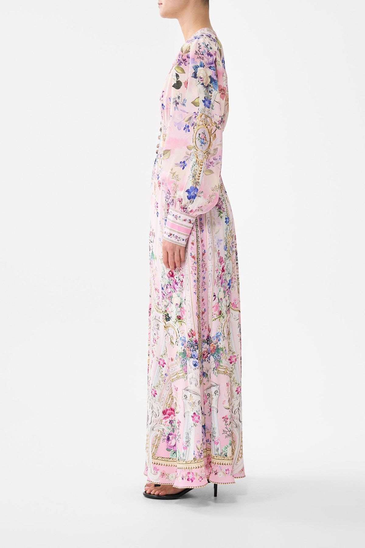 Premium Pembe Desenli Uzun Kollu V Yaka Midi Elbise