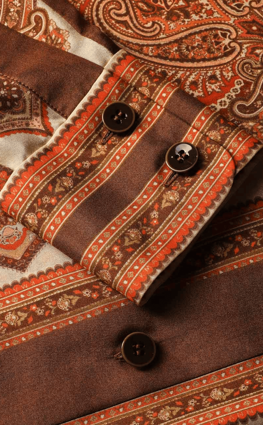 Premium Turuncu Baskılı İpek Saten Gömlek ve Pantolon Takım