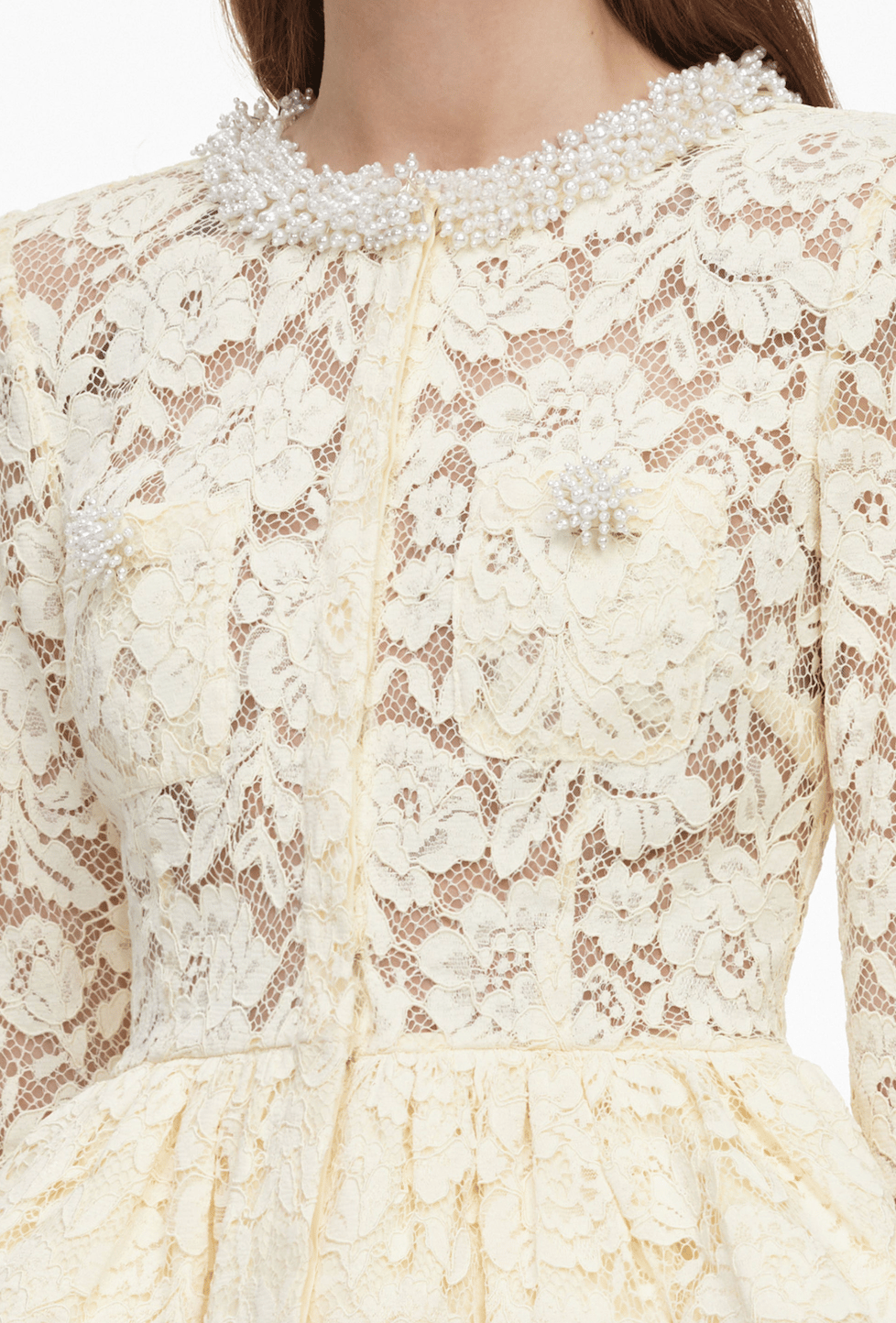 Tasarım İnci İşlemeli Peplum Detaylı Sarı Dantelli Midi Elbise