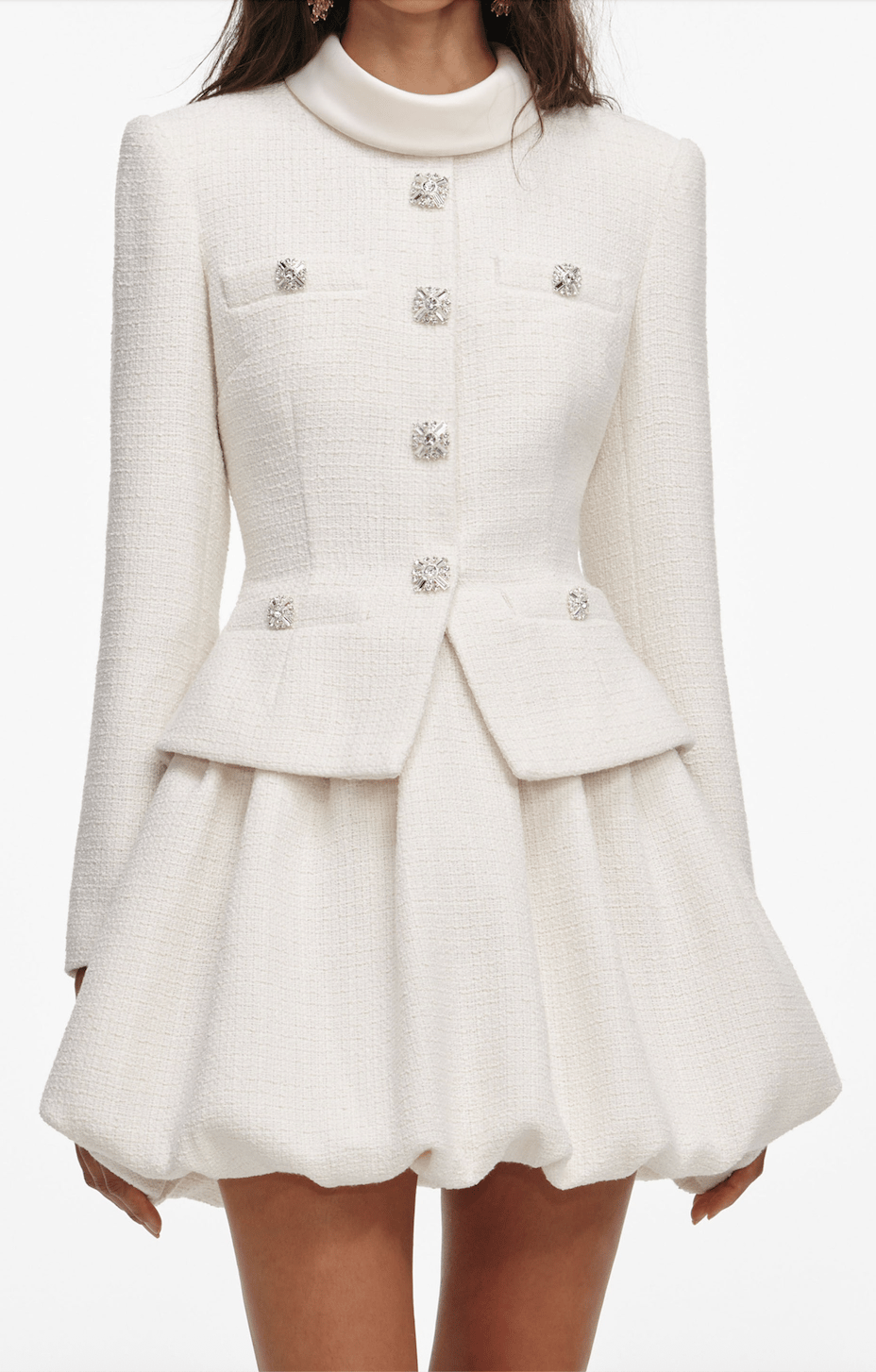 Tasarım Kristal Düğmeli Uzun Kollu Tüvit Mini Elbise