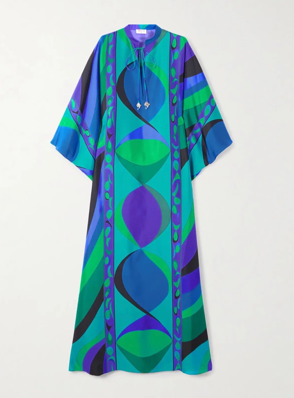 Tasarım Mavi-Yeşil Baskılı Kaftan Elbise