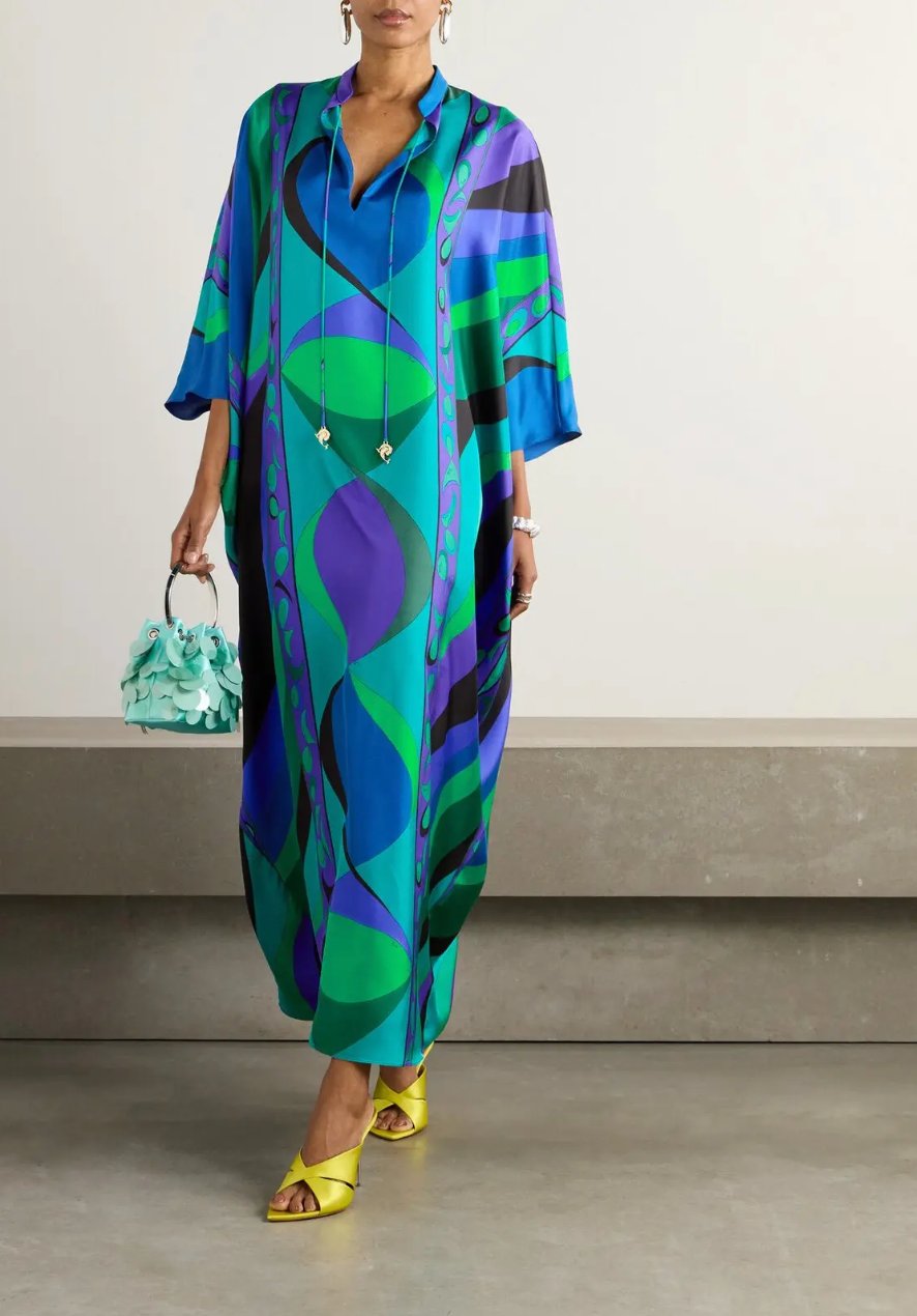 Tasarım Mavi-Yeşil Baskılı Kaftan Elbise