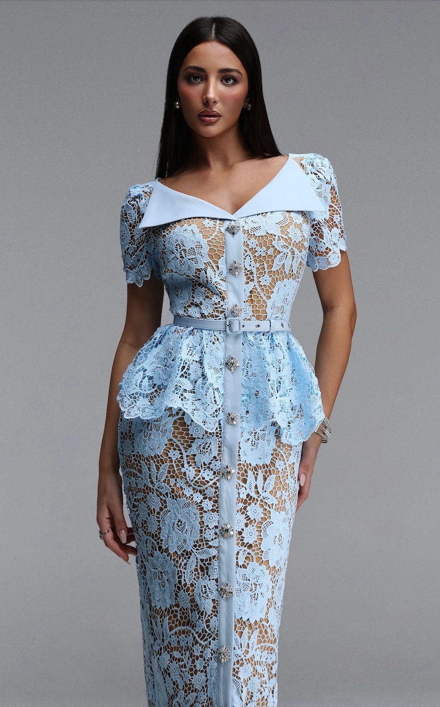 Tasarım Peplum Detaylı Kemerli Mavi Dantel Detaylı Midi Elbise