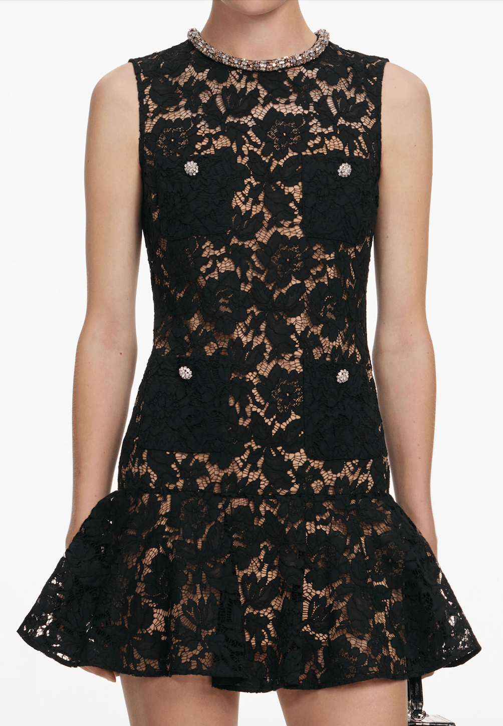 Tasarım Siyah Yakası İşlemeli Dantel Detaylı Mini Elbise