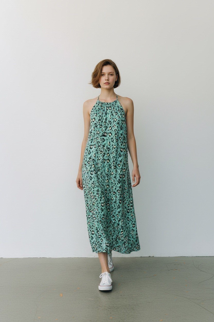 LEOPAR DESENLİ YEŞİL HALTER YAKA ELBİSE