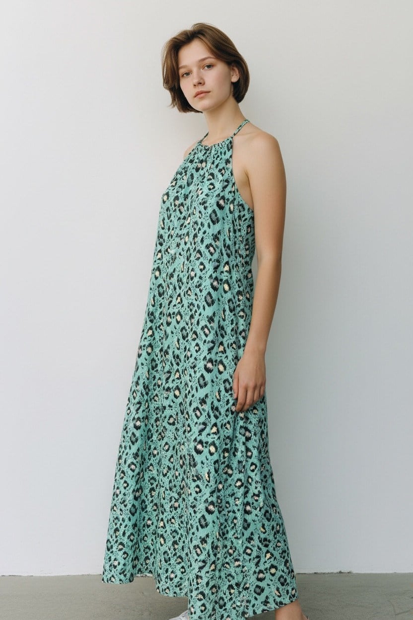 LEOPAR DESENLİ YEŞİL HALTER YAKA ELBİSE