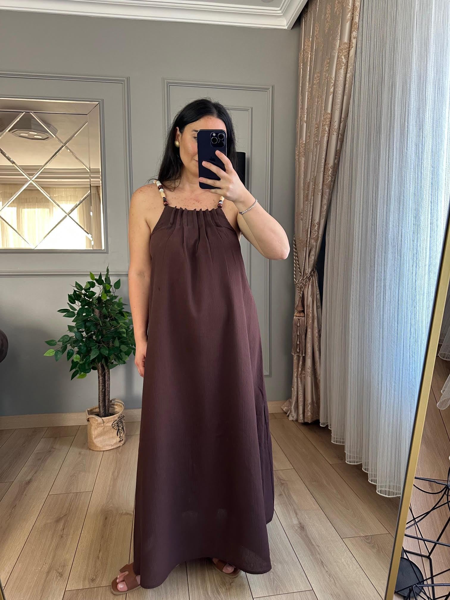 OMUZLARI BONCUKLU KETEN ELBİSE