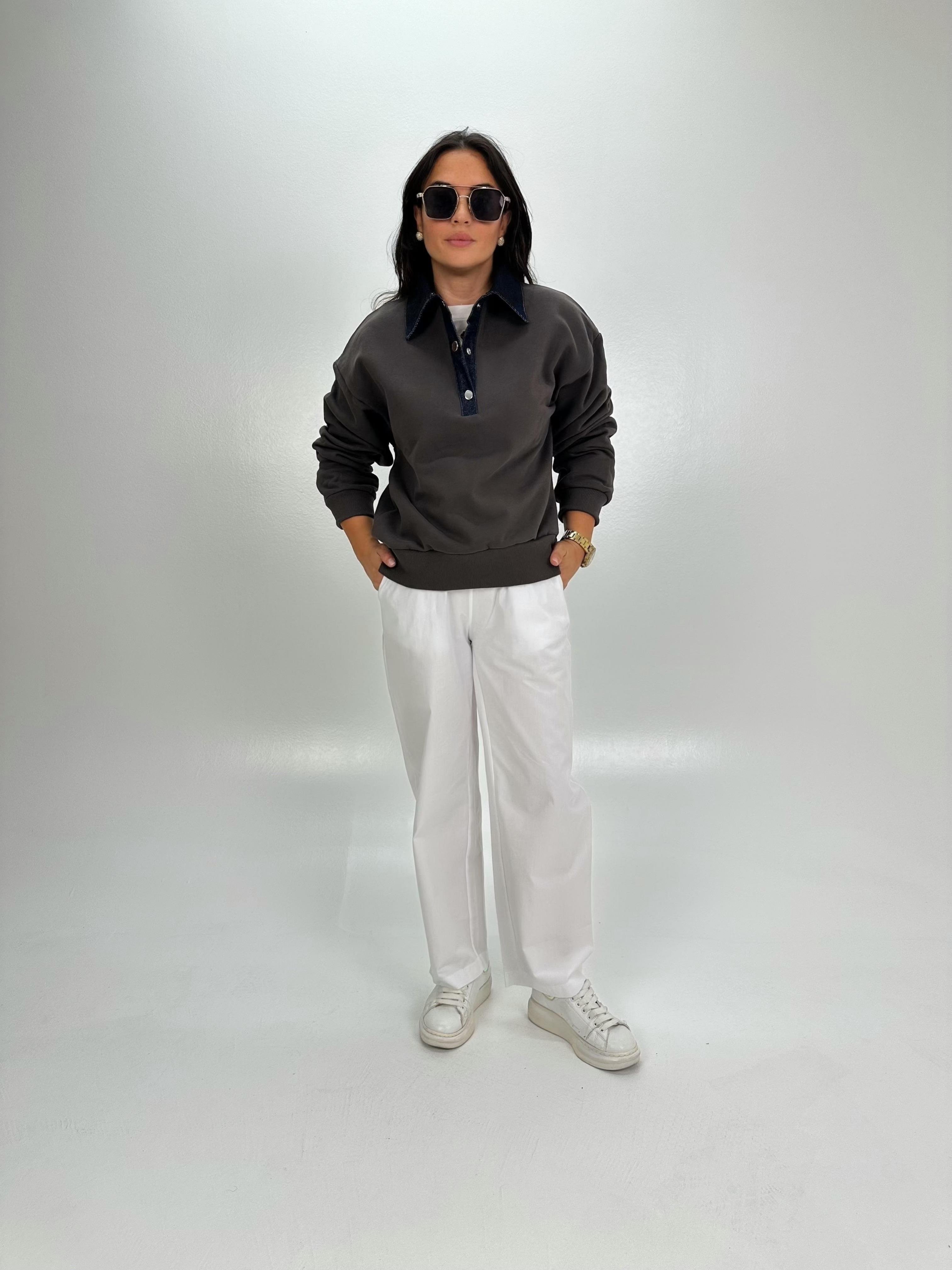 POLO KOT DETAY YAKALI HAKİ SWEATSHİRT