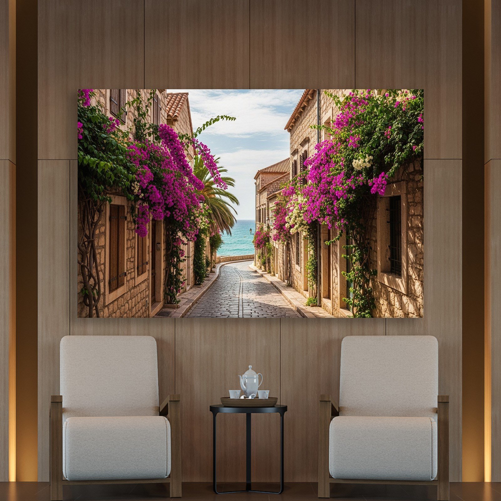 Akdeniz Begonvil Sokağı Kanvas Tablo | Taş Evler ve Deniz Manzaralı Premium Duvar Sanatı
