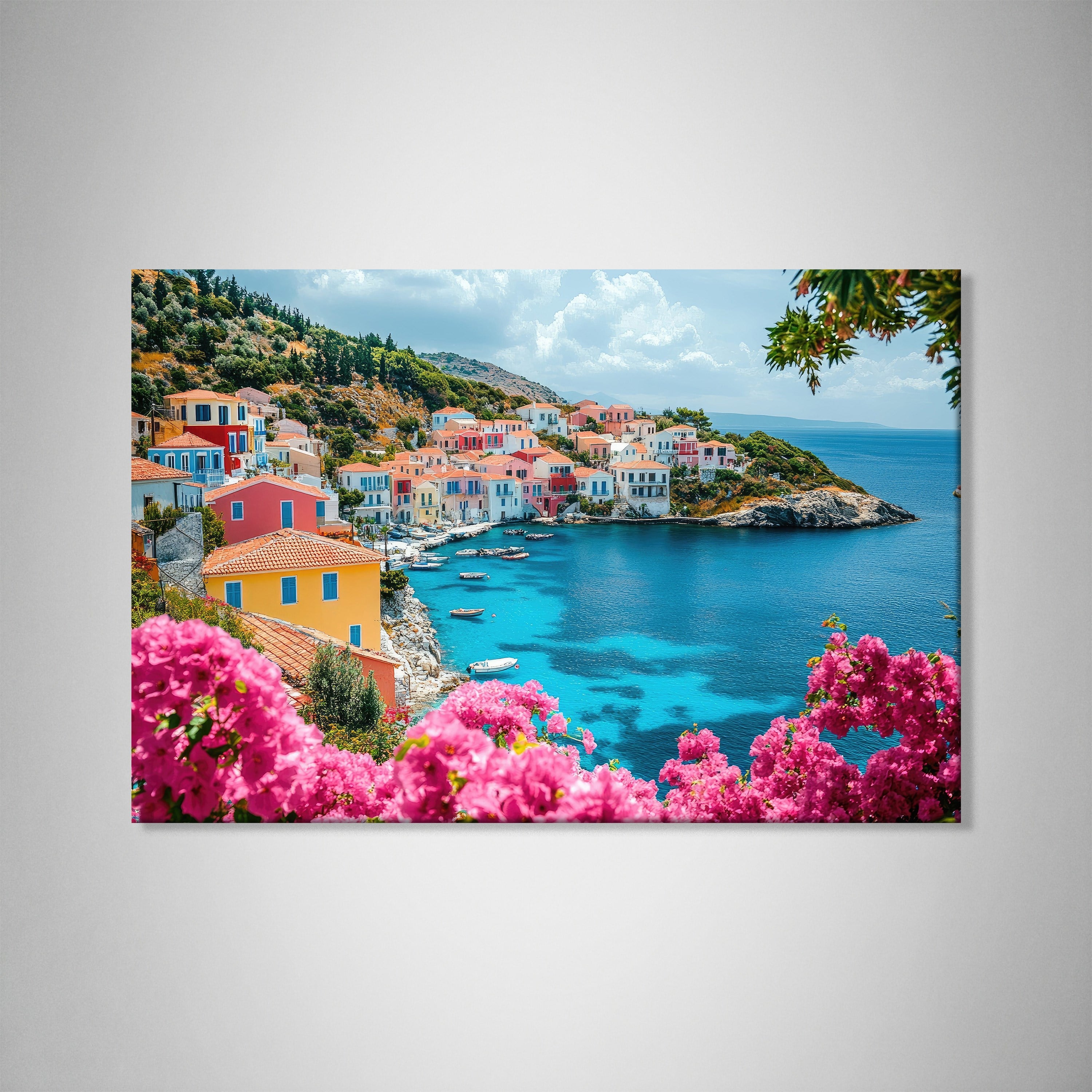 Akdeniz Sahil Kasabası Kanvas Tablo | Renkli Evler, Turkuaz Deniz ve Begonvil Manzarası