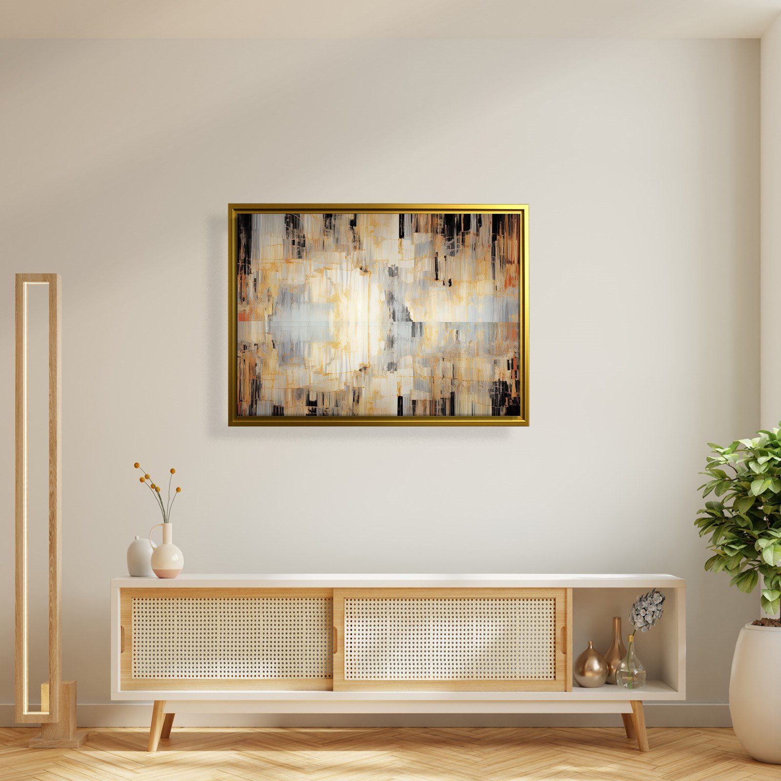 Altın Akış – Gold, Siyah ve Gri Modern Soyut Kanvas Tablo