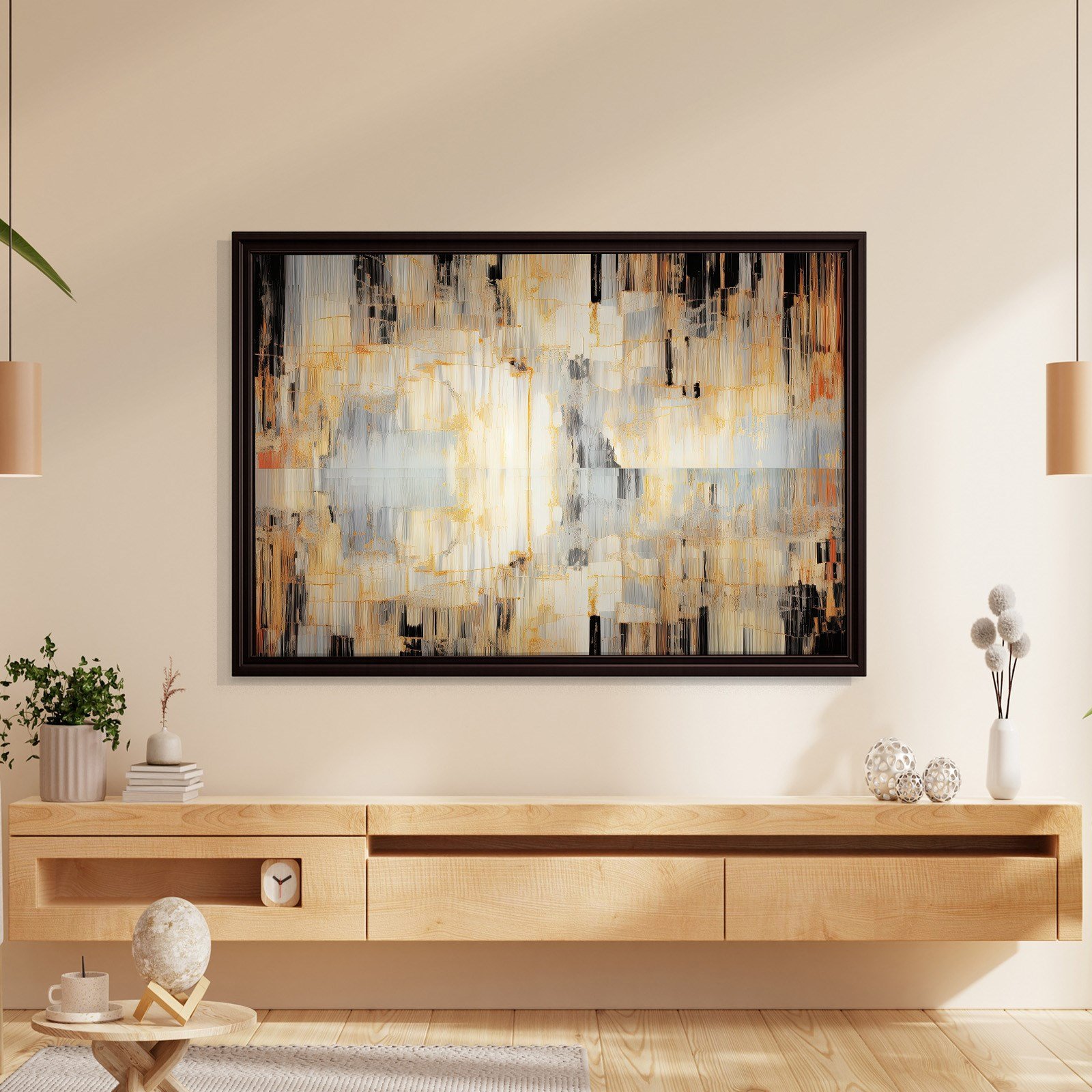Altın Akış – Gold, Siyah ve Gri Modern Soyut Kanvas Tablo