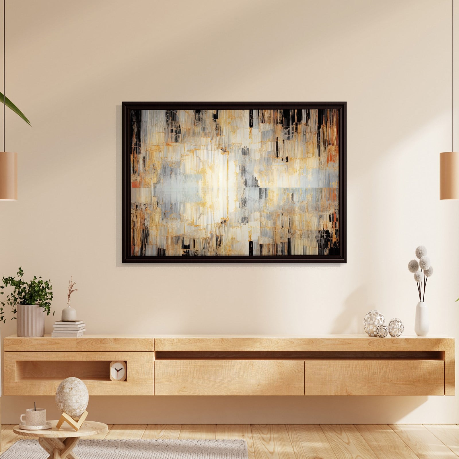 Altın Akış – Gold, Siyah ve Gri Modern Soyut Kanvas Tablo