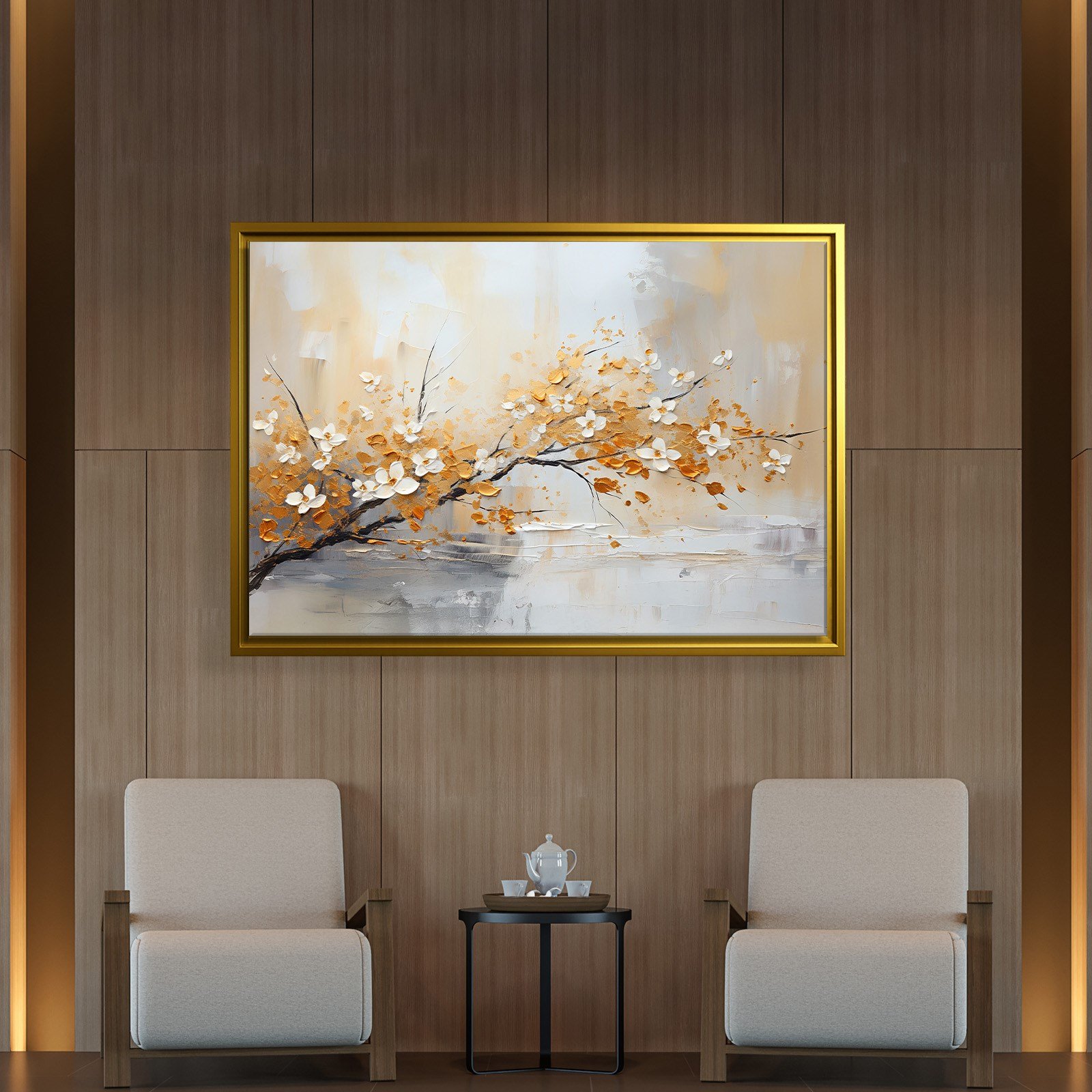 Altın Çiçek Dalı Kanvas Tablo | Modern Floral Premium Duvar Sanatı