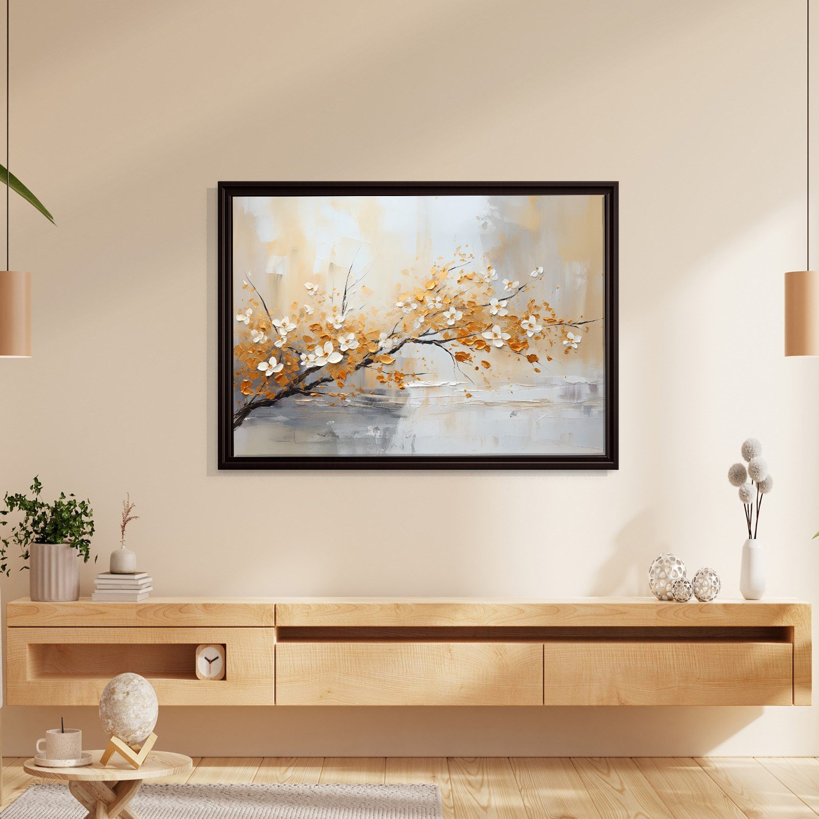 Altın Çiçek Dalı Kanvas Tablo | Modern Floral Premium Duvar Sanatı