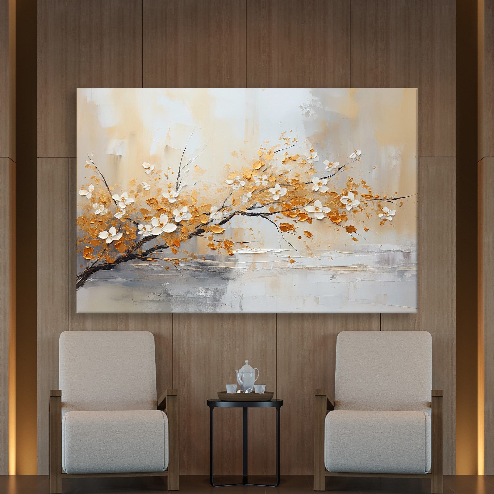 Altın Çiçek Dalı Kanvas Tablo | Modern Floral Premium Duvar Sanatı