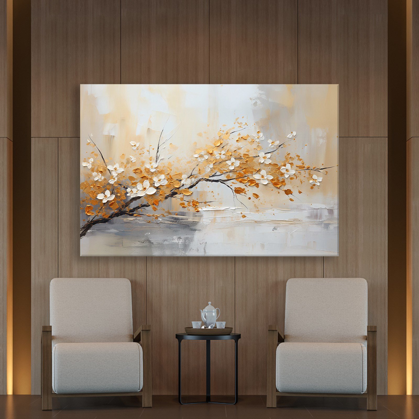Altın Çiçek Dalı Kanvas Tablo | Modern Floral Premium Duvar Sanatı
