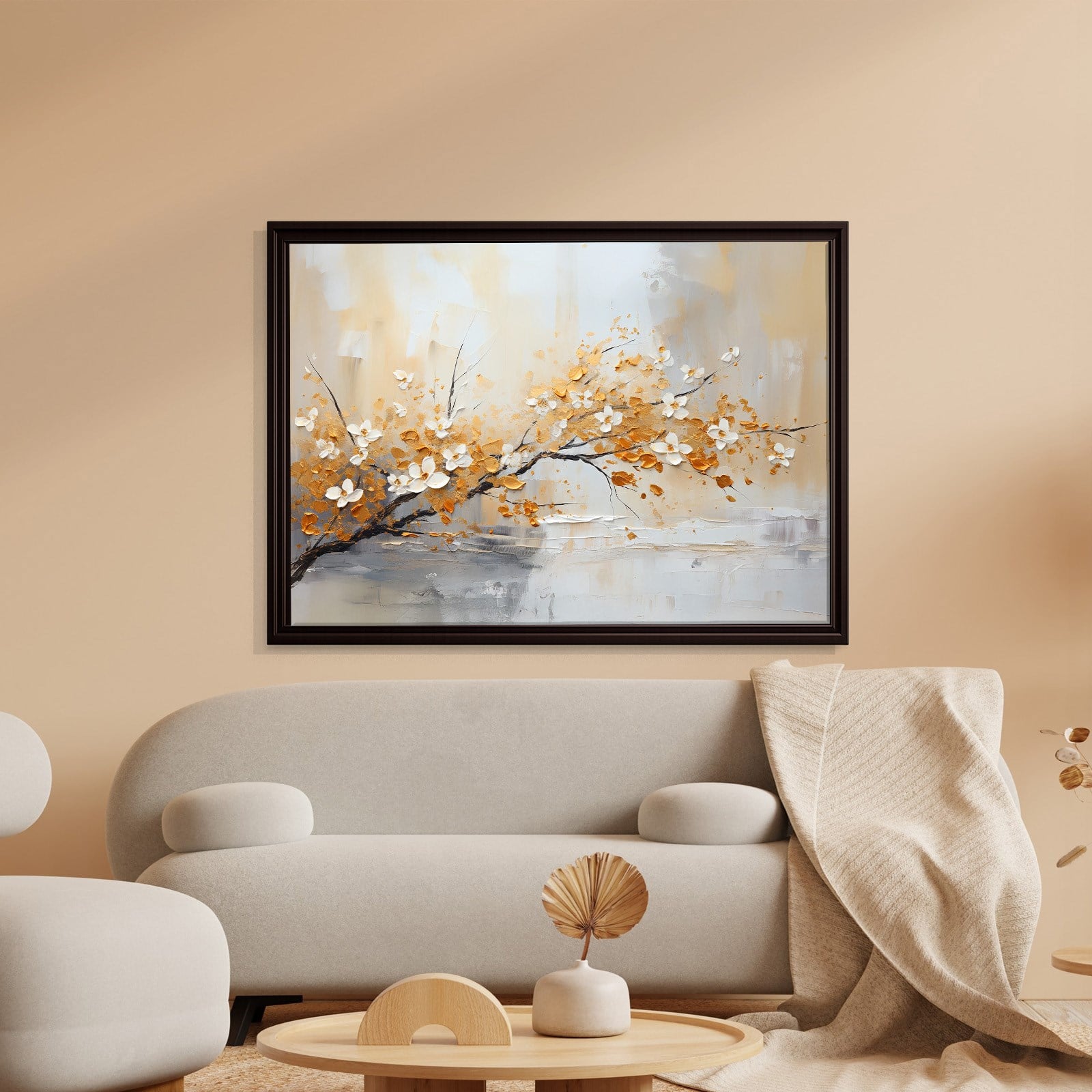 Altın Çiçek Dalı Kanvas Tablo | Modern Floral Premium Duvar Sanatı