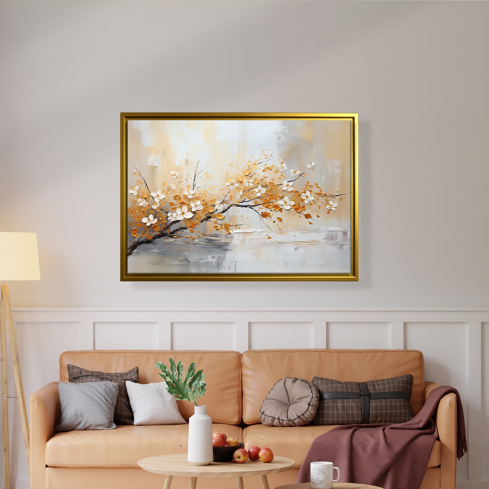 Altın Çiçek Dalı Kanvas Tablo | Modern Floral Premium Duvar Sanatı