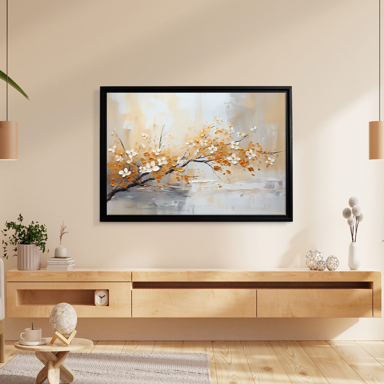 Altın Çiçek Dalı Kanvas Tablo | Modern Floral Premium Duvar Sanatı