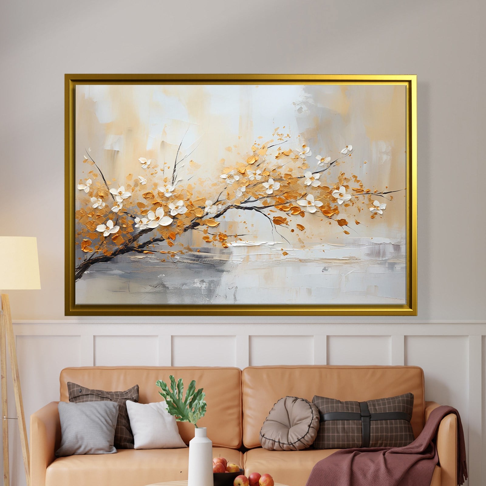 Altın Çiçek Dalı Kanvas Tablo | Modern Floral Premium Duvar Sanatı