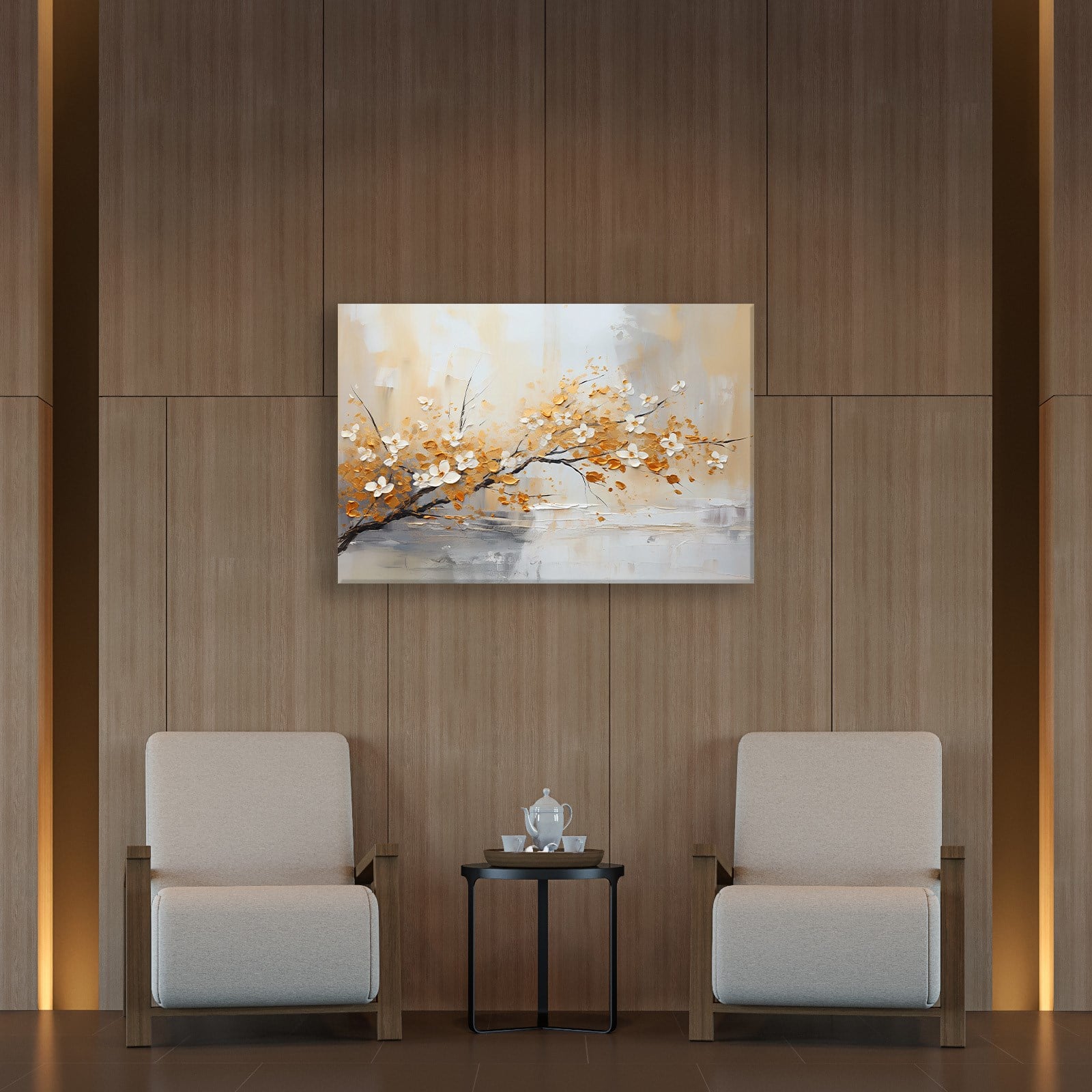 Altın Çiçek Dalı Kanvas Tablo | Modern Floral Premium Duvar Sanatı
