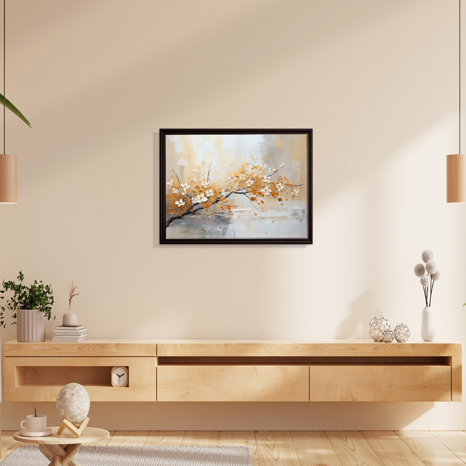 Altın Çiçek Dalı Kanvas Tablo | Modern Floral Premium Duvar Sanatı