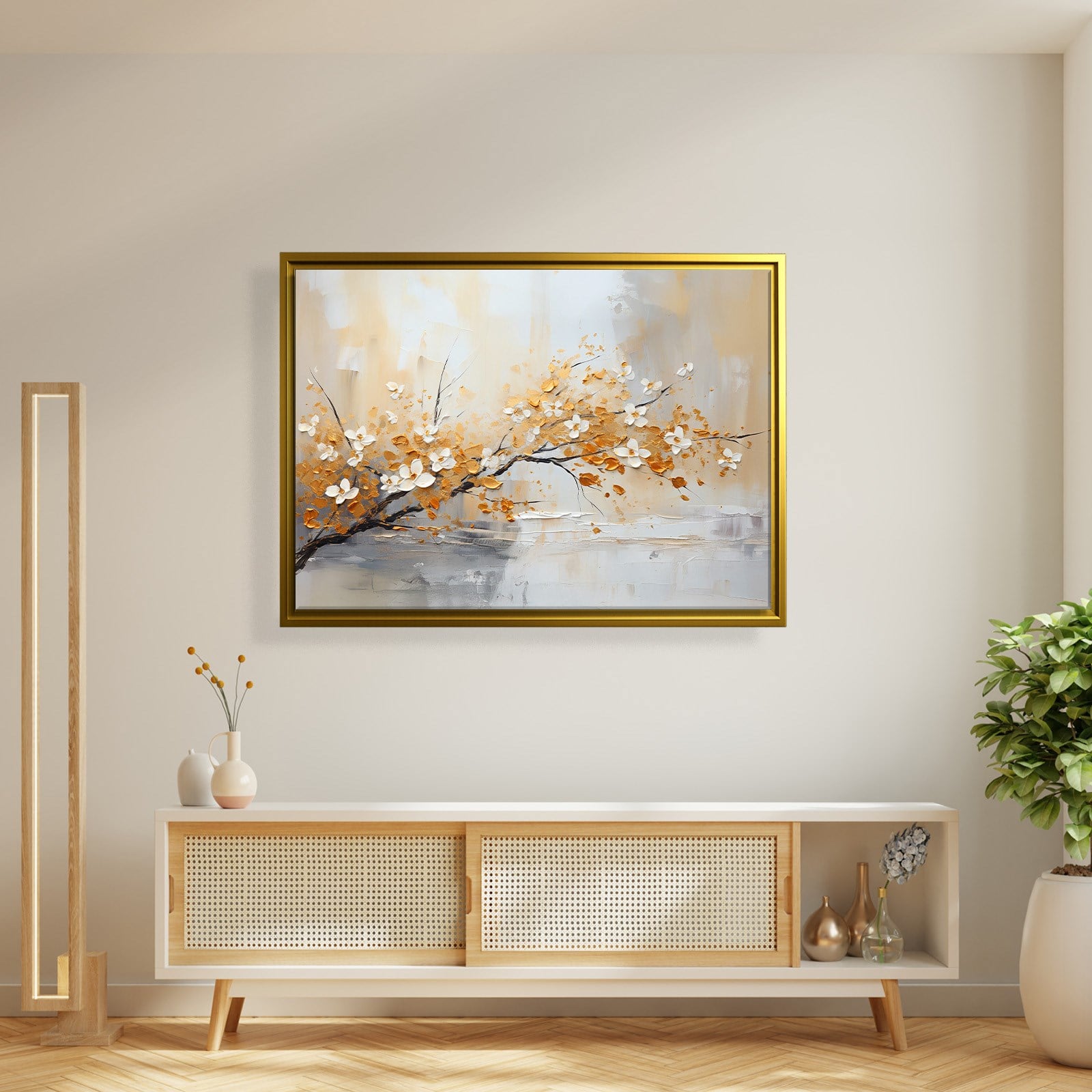Altın Çiçek Dalı Kanvas Tablo | Modern Floral Premium Duvar Sanatı